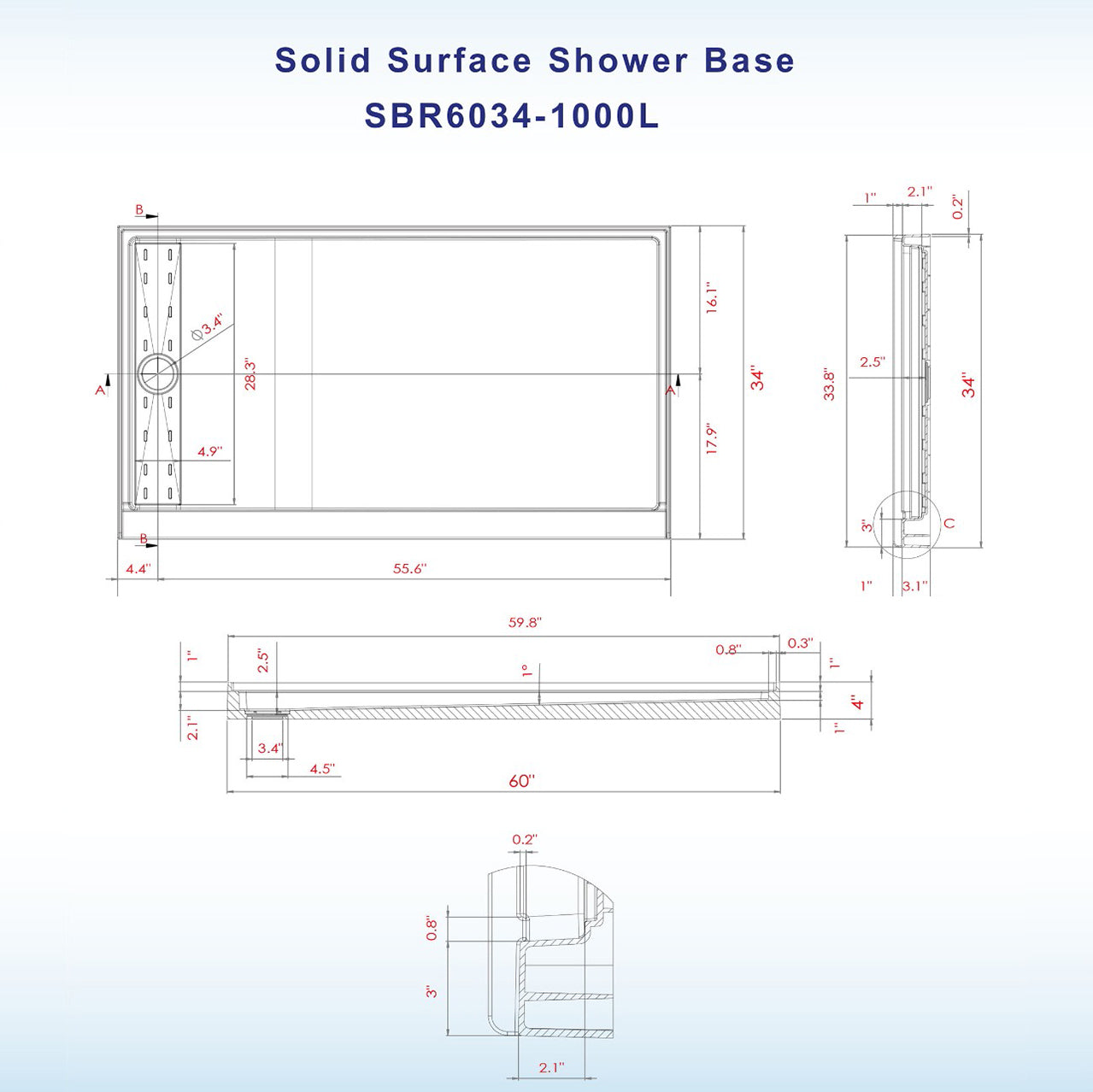 Offset Solid Surface Shower Base Pan