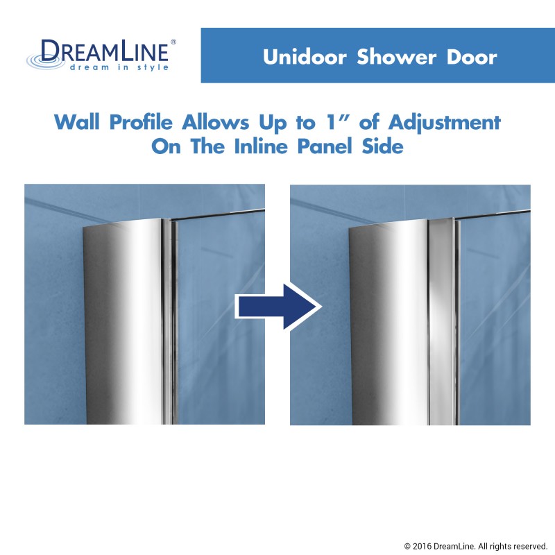 Unidoor Frameless Hinged Shower Door with 6" Stationary Panel