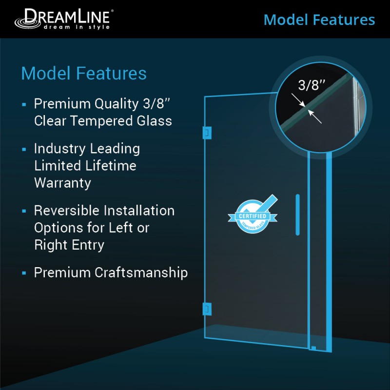 Unidoor Frameless Hinged Shower Door with Support Arm for 12" Stationary Panel