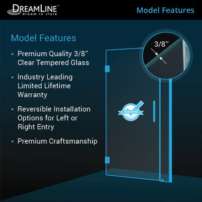Unidoor Frameless Hinged Shower Door with Support Arm for 12" Stationary Panel