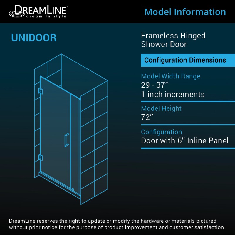 Unidoor Frameless Hinged Shower Door with Support Arm for 18" Stationary Panel