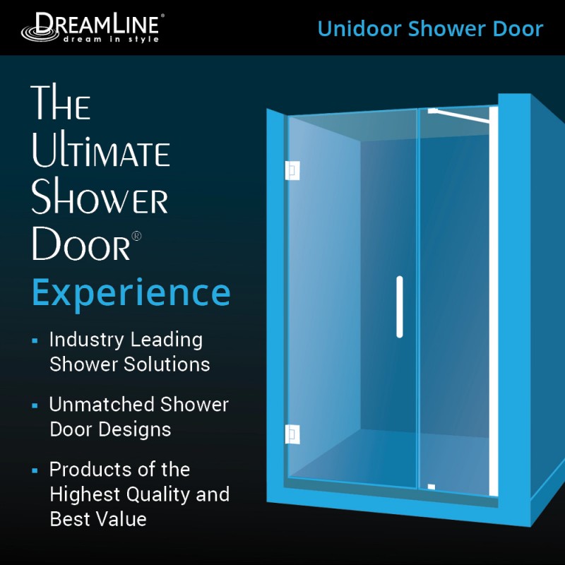 Unidoor Frameless Hinged Shower Door with Support Arm for 24" Stationary Panel