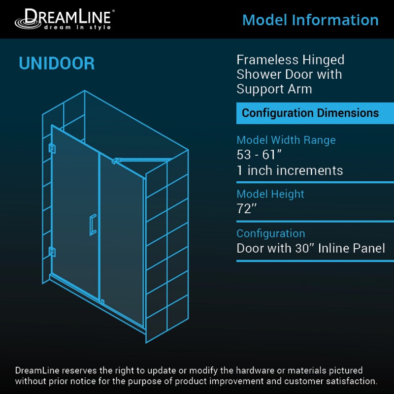 Unidoor Frameless Hinged Shower Door with Support Arm for 30" Stationary Panel