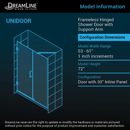 Unidoor Frameless Hinged Shower Door with Support Arm for 30" Stationary Panel
