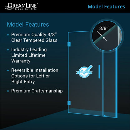 Unidoor Frameless Hinged Shower Door with Support Arm for 30" Stationary Panel