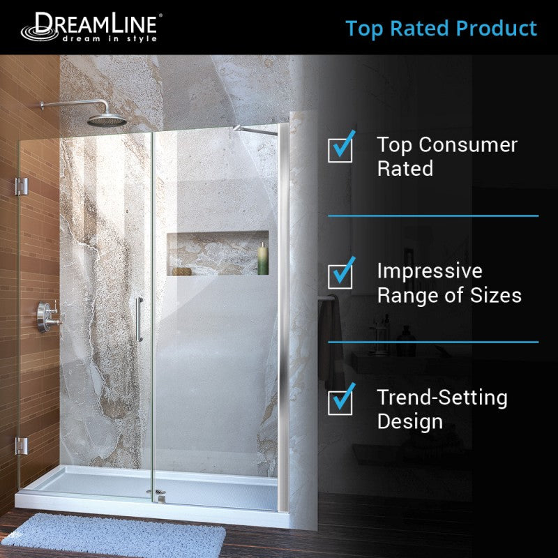 Unidoor Frameless Hinged Shower Door with Support Arm for 30" Stationary Panel