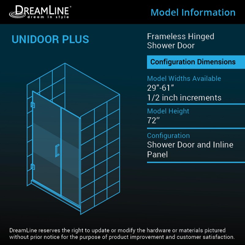 Unidoor Plus Frameless Hinged Shower Door (29"W to 40"W)