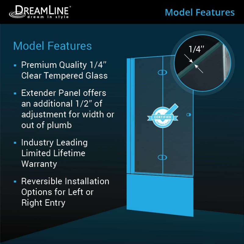 Aqua Frameless Bi-Fold Tub Door with Extender Panel