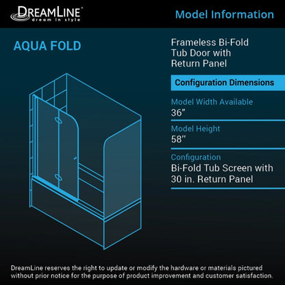 Aqua Frameless Bi-Fold Tub Door with Return Panel