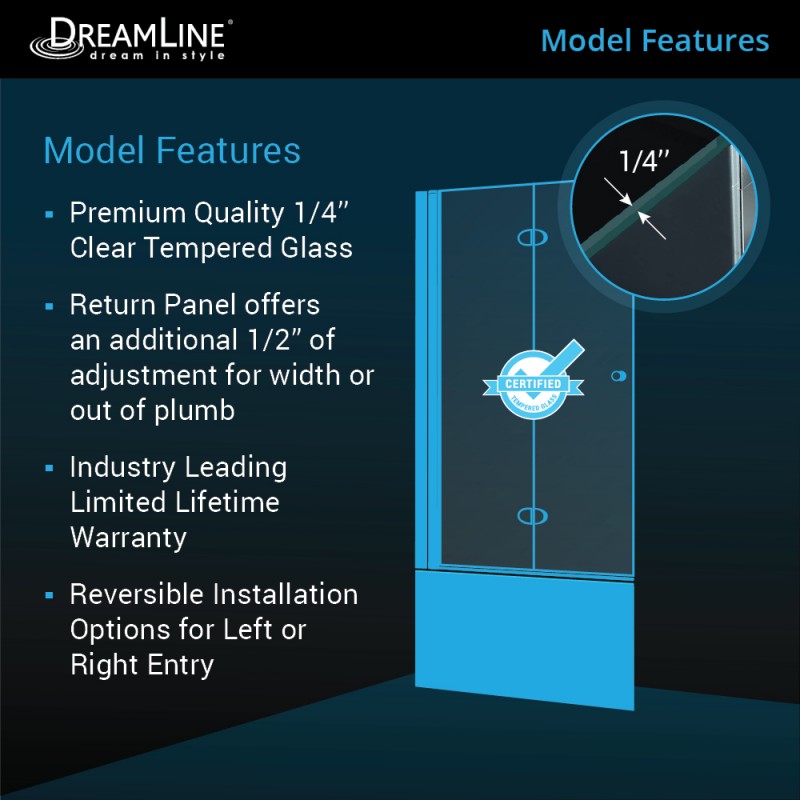 Aqua Frameless Bi-Fold Tub Door with Return Panel