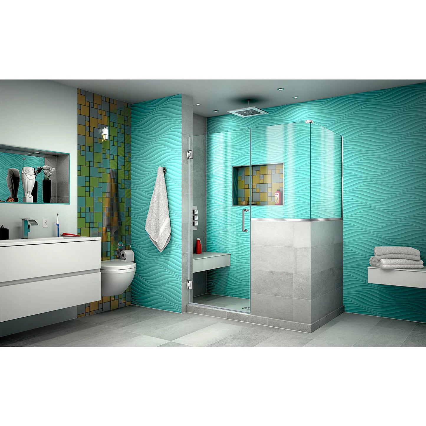 Unidoor Plus Frameless Hinged Shower Door with 34"H Stationary Half Panel for Pony Wall Corner Enclosure