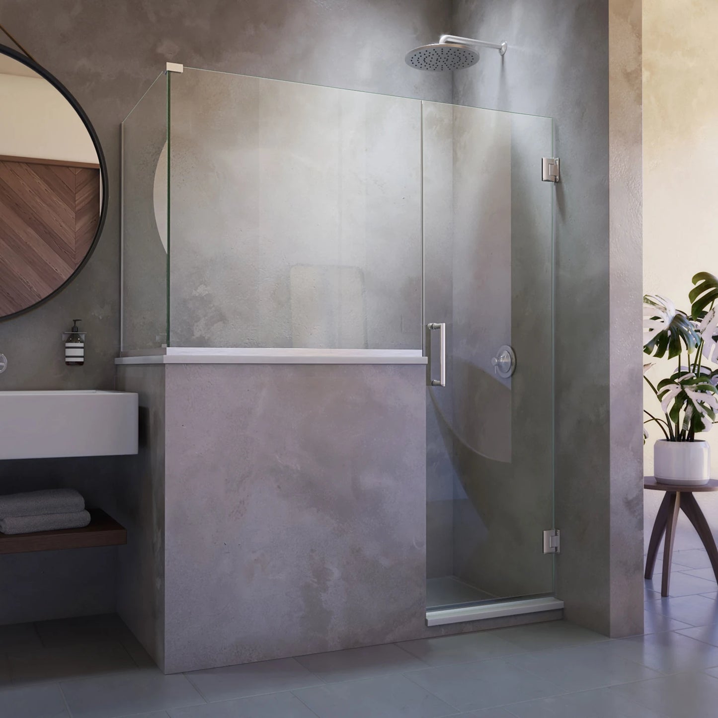 Unidoor Plus Frameless Hinged Shower Door with 36"H Stationary Half Panel for Pony Wall Corner Enclosure