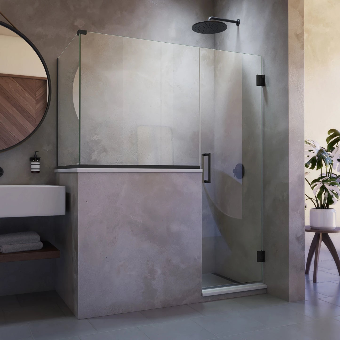 Unidoor Plus Frameless Hinged Shower Door with 36"H Stationary Half Panel for Pony Wall Corner Enclosure