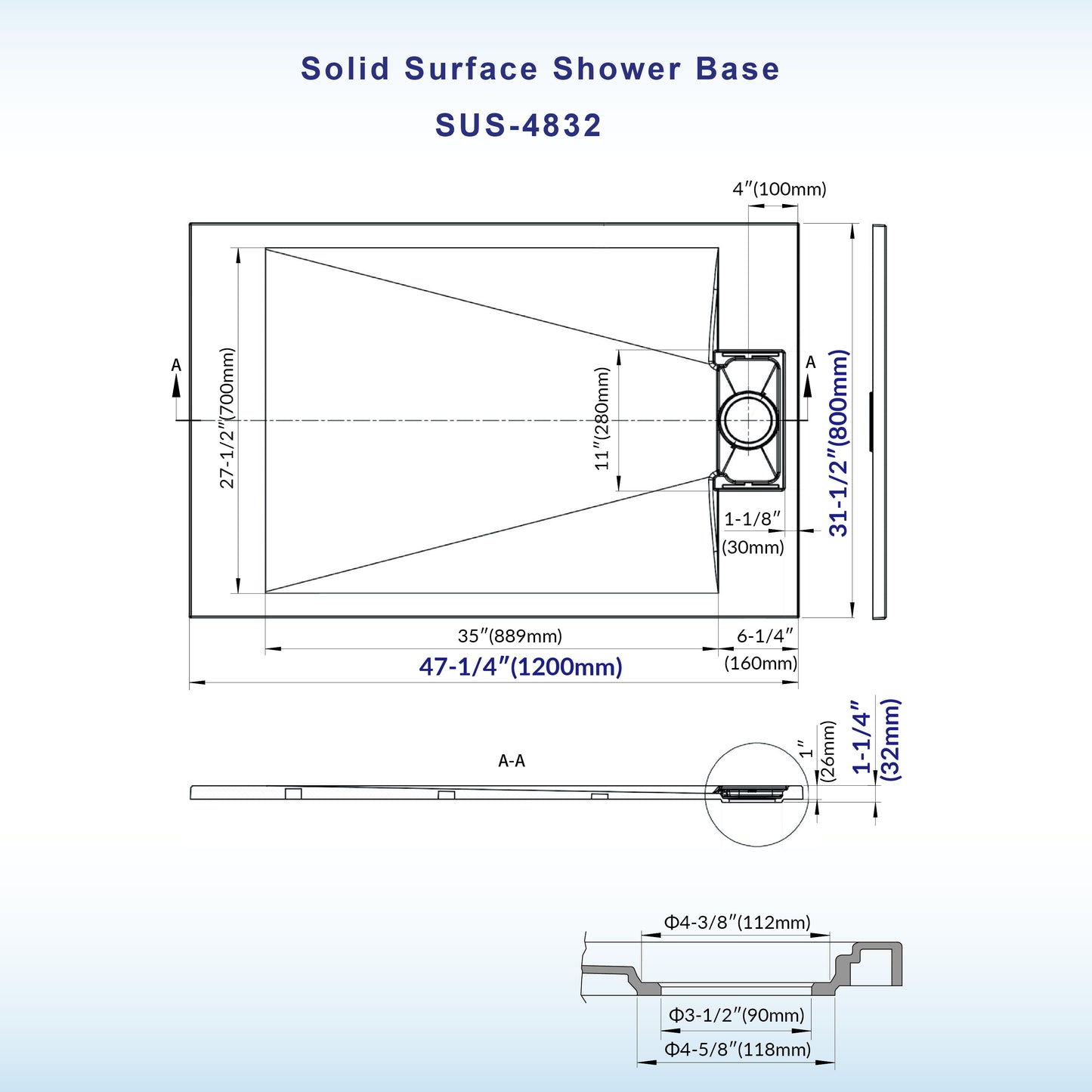 Offset Zero Threshold Solid Surface Shower Base Pan