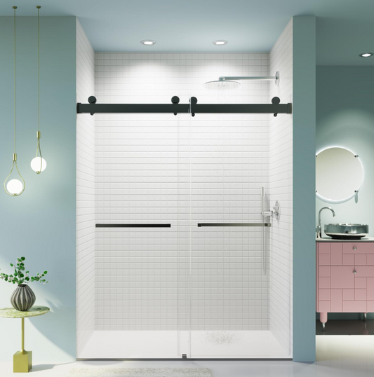 [CLEARANCE] 56-60" W x 76" H Shower Door, Double Sliding Frameless Shower Door with Premium 3/8 Inches (10mm) Thick SGCC Tampered Glass, Soft Close, Explosion-Proof Film