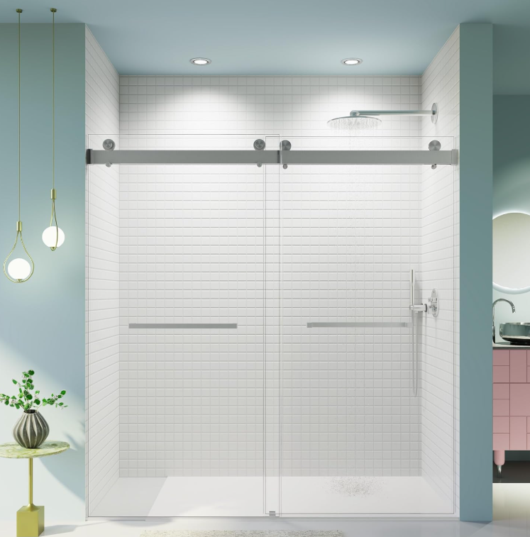 [CLEARANCE] 56-60" W x 76" H Shower Door, Double Sliding Frameless Shower Door with Premium 3/8 Inches (10mm) Thick SGCC Tampered Glass, Soft Close, Explosion-Proof Film