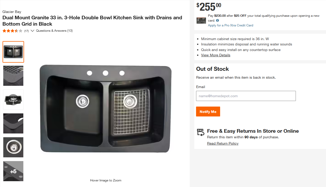 [CLEARANCE] Glacier Bay Dual Mount Granite 33 in. 3-Hole Double Bowl Kitchen Sink with Drains and Bottom Grid in Black