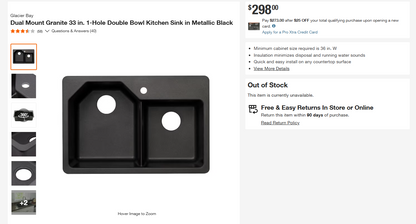[CLEARANCE] Glacier Bay Dual Mount Granite 33 in. 1-Hole Double Bowl Kitchen Sink in Metallic Black