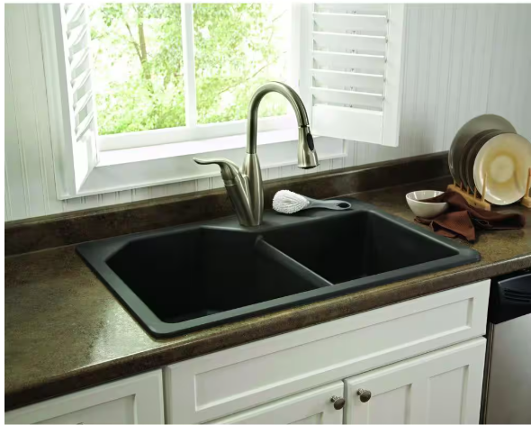 [CLEARANCE] Glacier Bay Dual Mount Granite 33 in. 1-Hole Double Bowl Kitchen Sink in Metallic Black