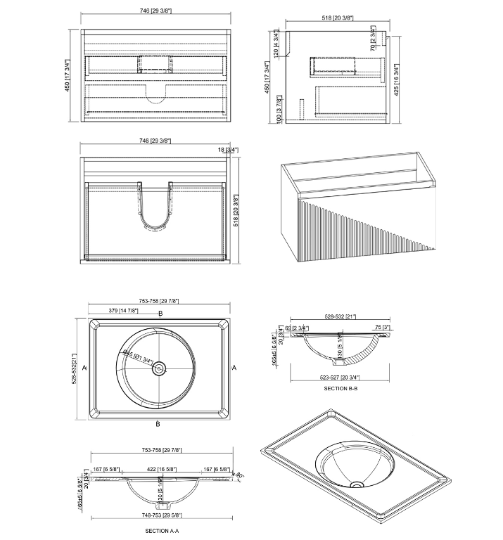 Simon 30" Wall Mounted Bathroom Vanity with Solid Surface Integrated Sink Top