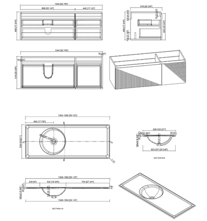 Simon 53" Wall Mounted Bathroom Vanity with Solid Surface Integrated Sink Top