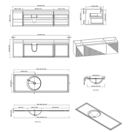 Simon 65" Wall Mounted Bathroom Vanity with Solid Surface Integrated Sink Top