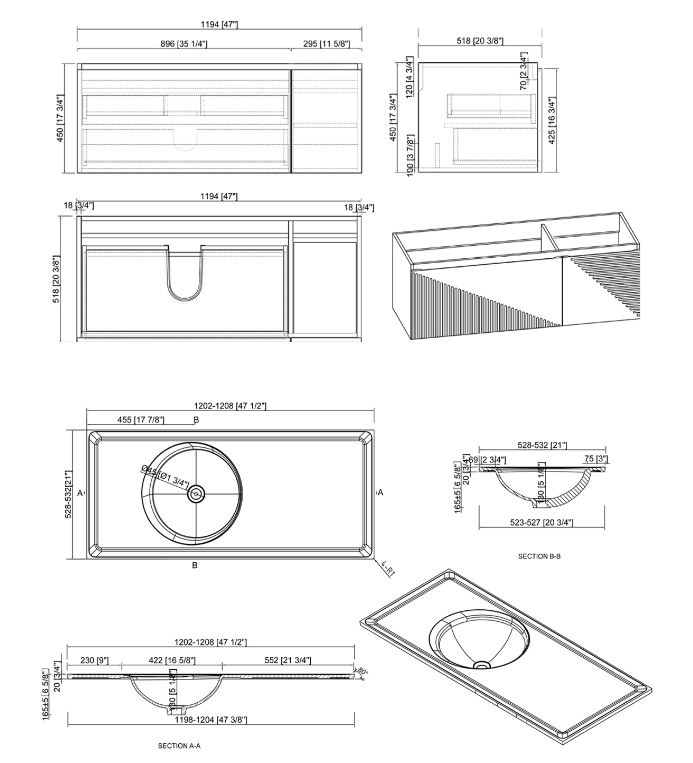 Simon 48" Wall Mounted Bathroom Vanity with Solid Surface Integrated Sink Top