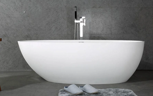 Oceania 67" Matte White Oval Cast Stone Freestanding Bathtub Ice Crack Texture with Chrome-Plated Drain Cover & Overflow Cover