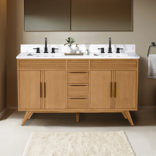 Taylor 60" Freestanding Bathroom Vanity with Stone Top and Vitreous China Undermount Sinks