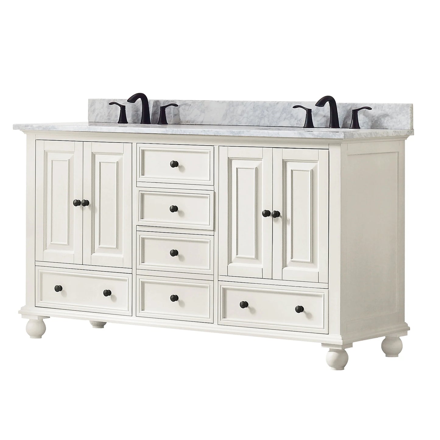 Thompson 60" Freestanding Bathroom Vanity with Carrara White Natural Marble Top and Vitreous China Undermount Sinks