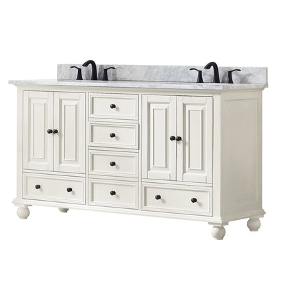 Thompson 60" Freestanding Bathroom Vanity with Carrara White Natural Marble Top and Vitreous China Undermount Sinks