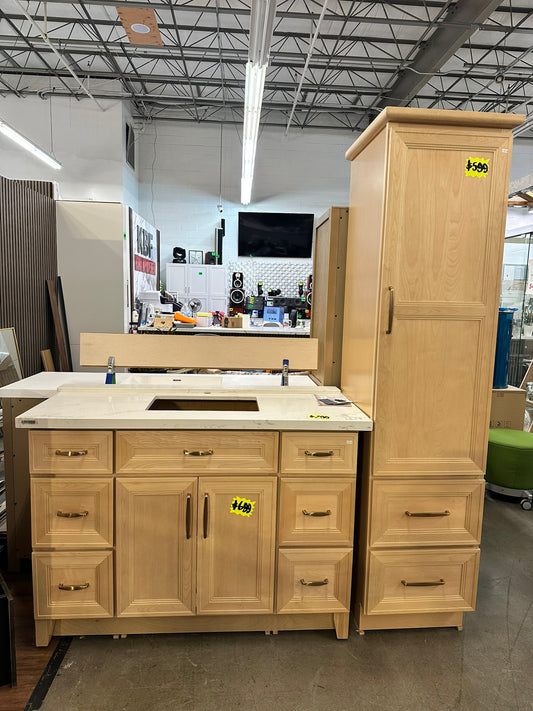 [CLEARANCE] Tuscany 48" Vanity Base with 18" Linen Cabinet in Oak color