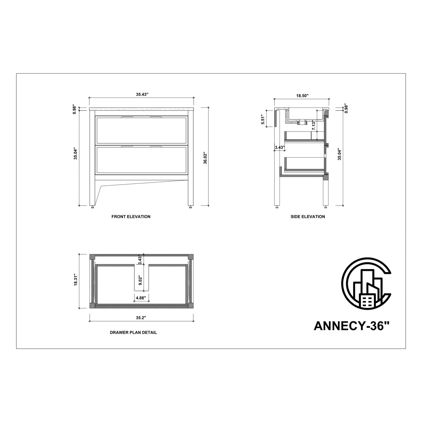 Annecy 36" Freestanding Bathroom Vanity with Acrylic Integrated Sink Top