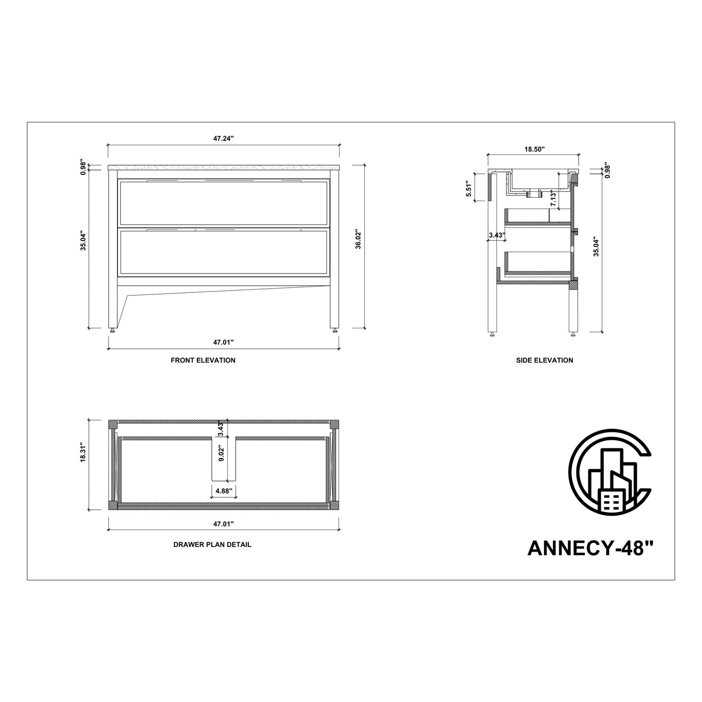 Annecy 48" Freestanding Bathroom Vanity with Acrylic Integrated Sink Top