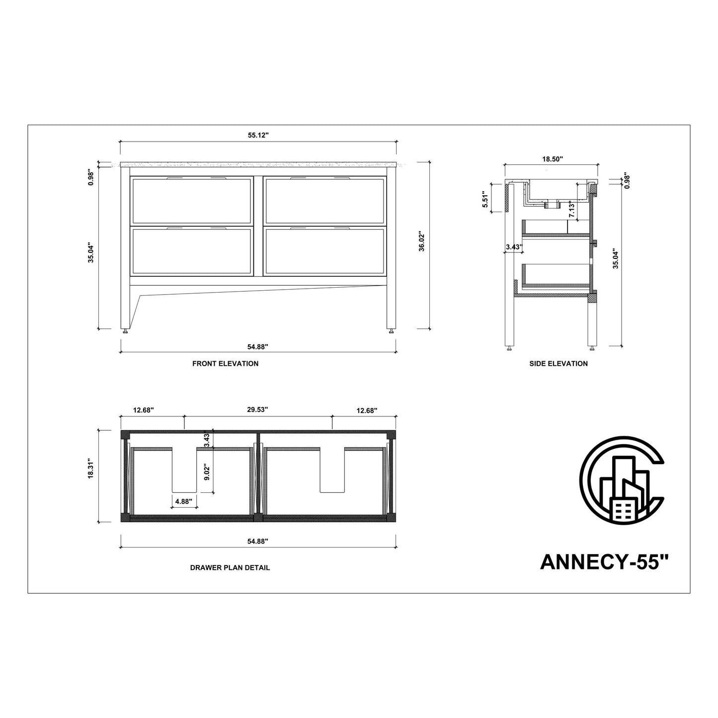 Annecy 55" Freestanding Bathroom Vanity with Acrylic Integrated Sink Top