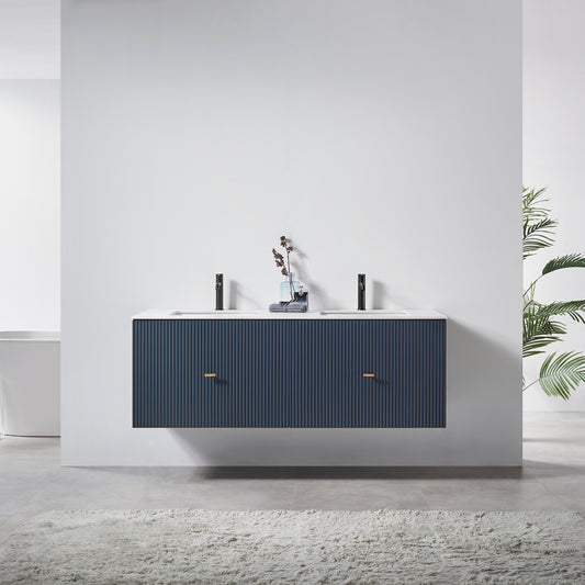 Barcelona 60" Wall Mounted Bathroom Vanity with White Sintered Stone Top and Ceramic Undermount Sinks