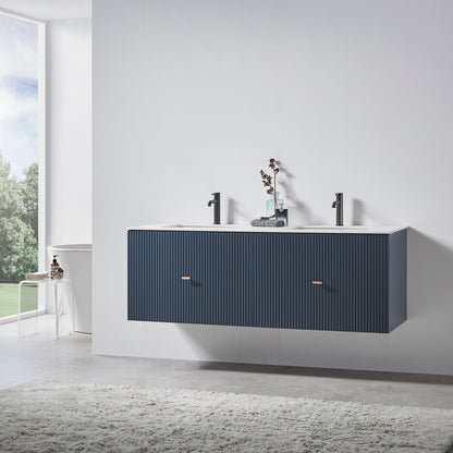 Barcelona 60" Wall Mounted Bathroom Vanity with White Sintered Stone Top and Ceramic Undermount Sinks