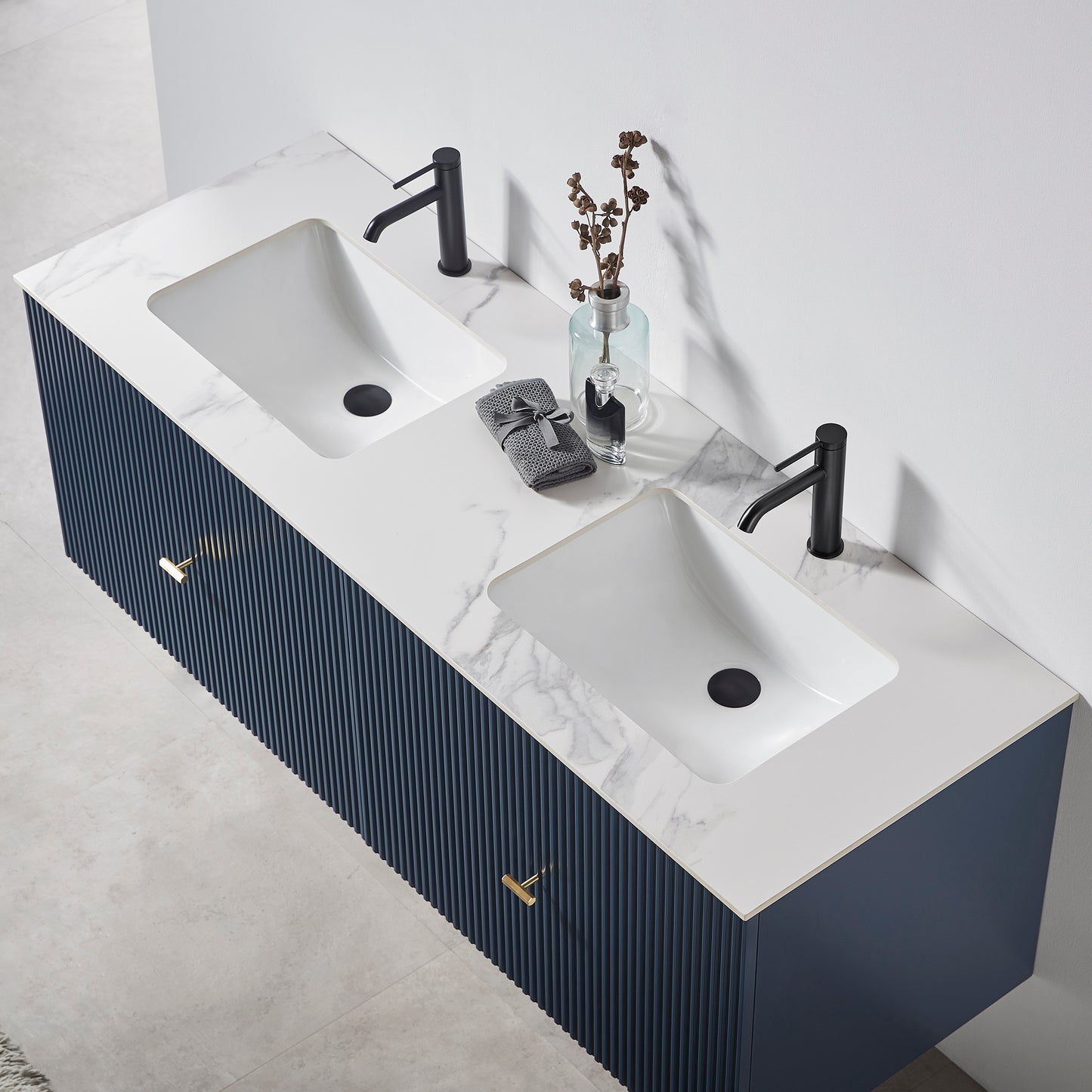 Barcelona 60" Wall Mounted Bathroom Vanity with White Sintered Stone Top and Ceramic Undermount Sinks