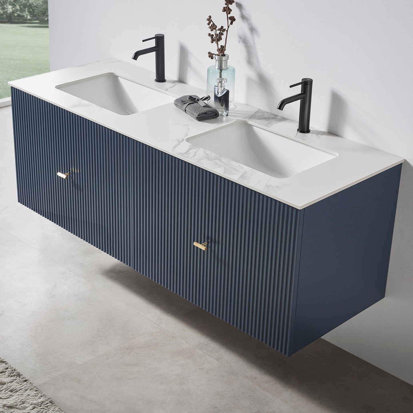 Barcelona 60" Wall Mounted Bathroom Vanity with White Sintered Stone Top and Ceramic Undermount Sinks