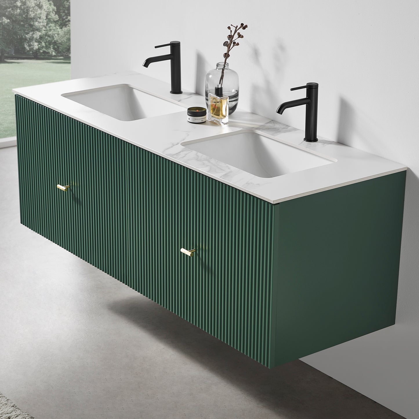 Barcelona 60" Wall Mounted Bathroom Vanity with White Sintered Stone Top and Ceramic Undermount Sinks