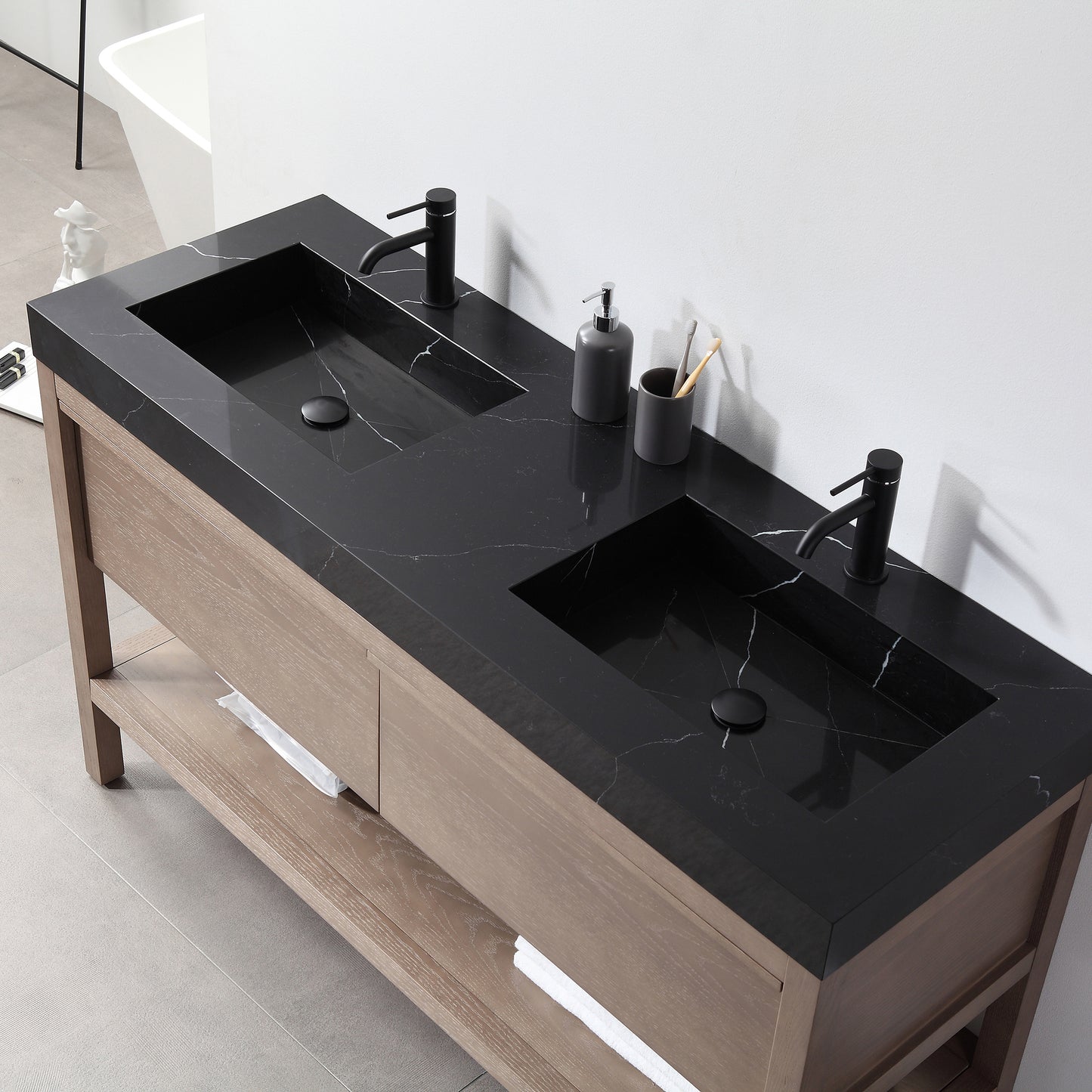 Bibury 60" Freestanding Bathroom Vanity with Black Marquina Quartz Integrated Sink Top