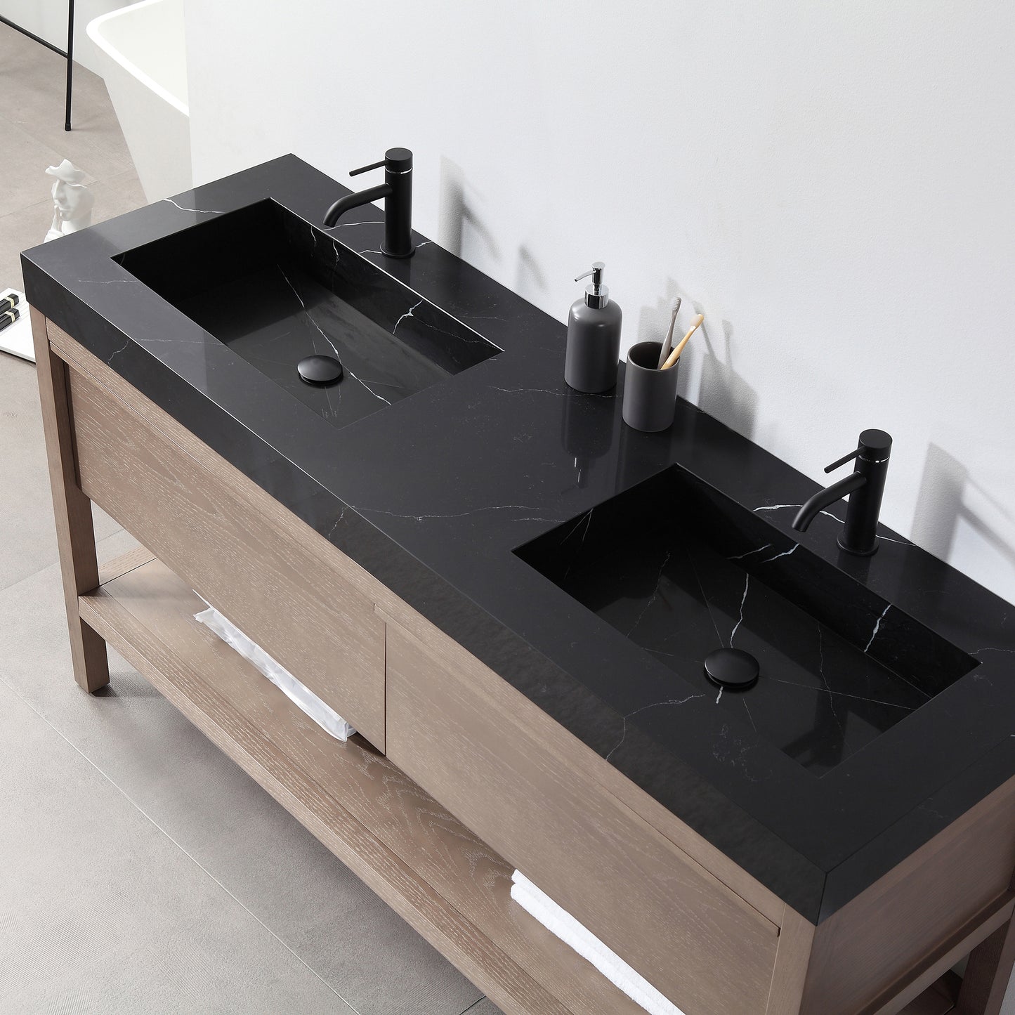 Bibury 72" Freestanding Bathroom Vanity with Black Marquina Quartz Integrated Sink Top