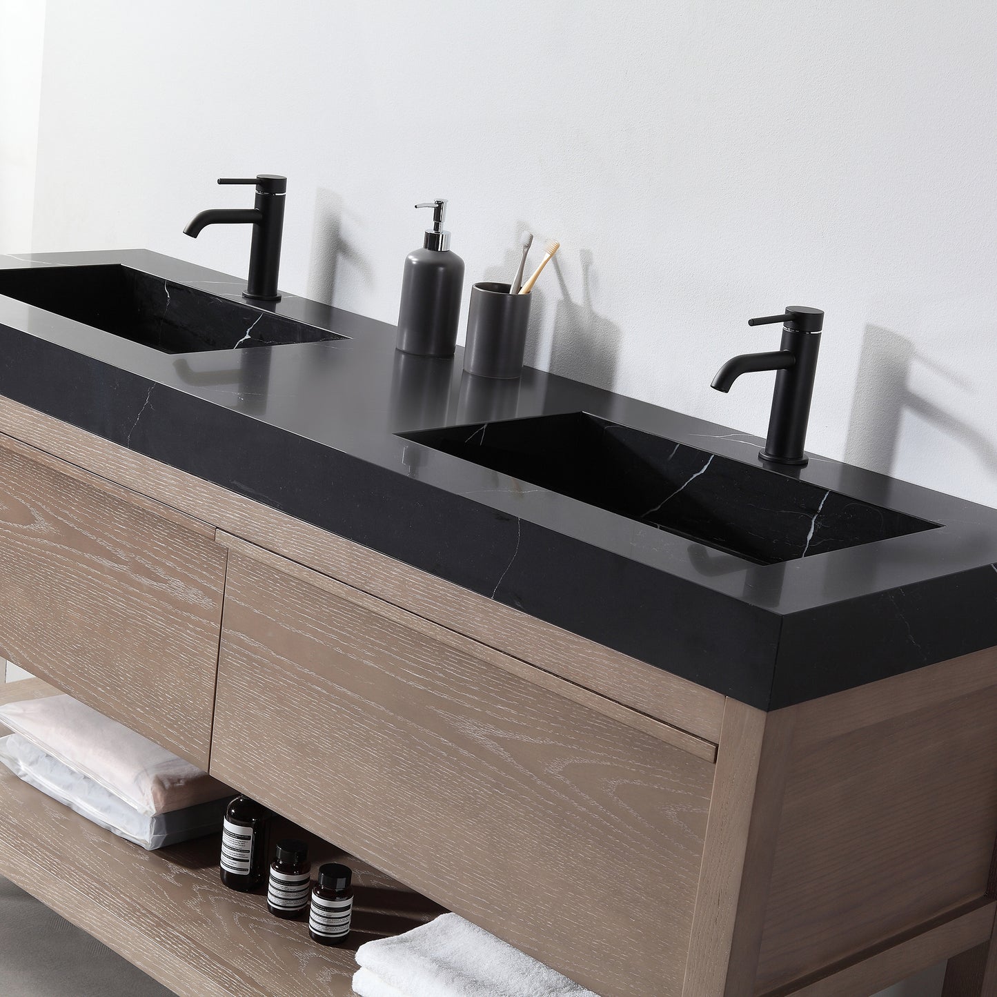 Bibury 72" Freestanding Bathroom Vanity with Black Marquina Quartz Integrated Sink Top