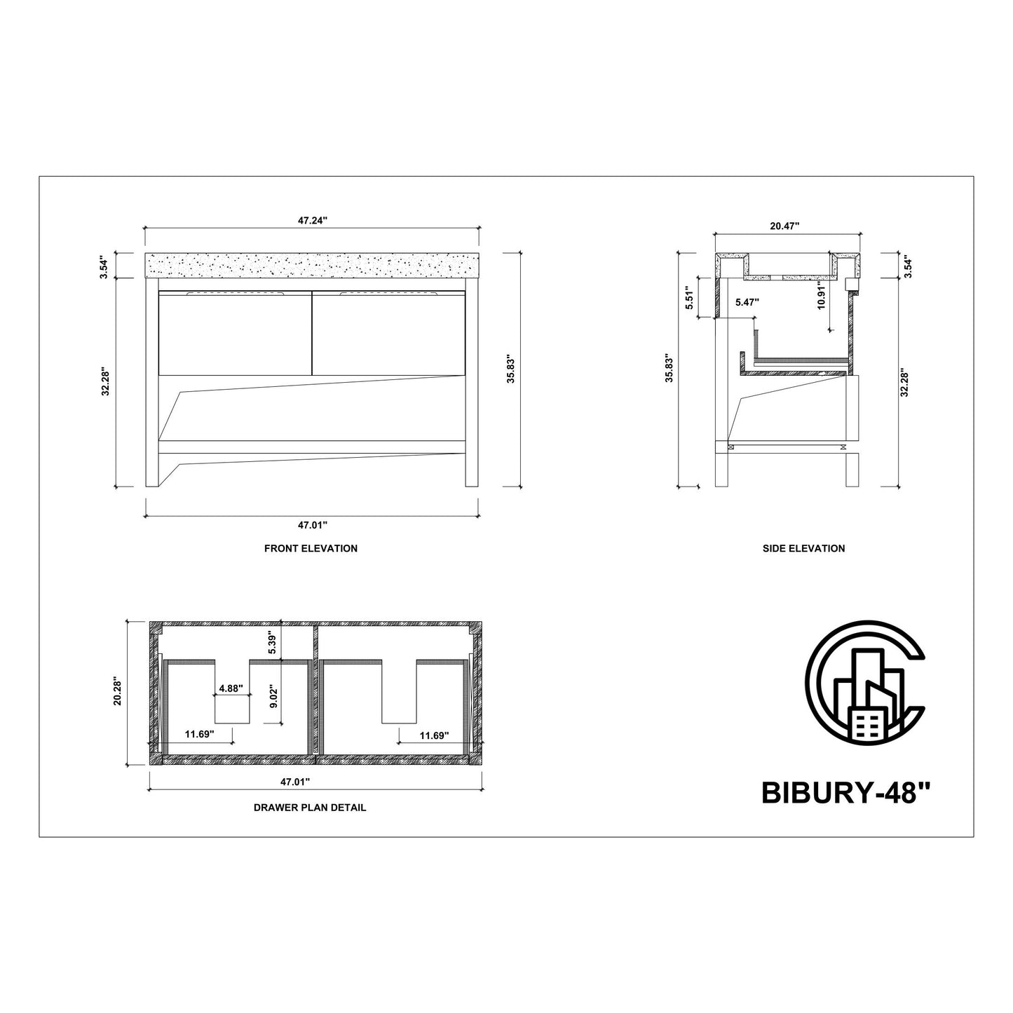 Bibury 48" Freestanding Bathroom Vanity with Black Marquina Quartz Integrated Sink Top