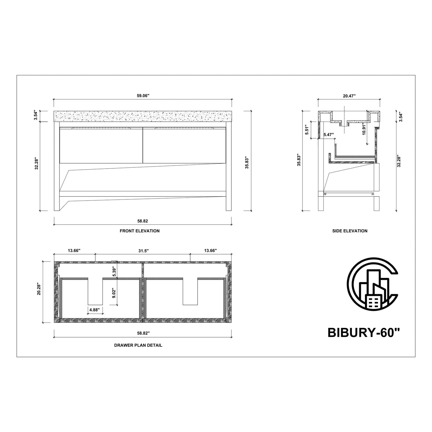 Bibury 60" Freestanding Bathroom Vanity with Black Marquina Quartz Integrated Sink Top