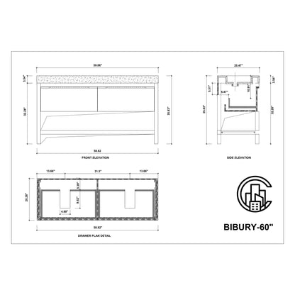 Bibury 60" Freestanding Bathroom Vanity with Black Marquina Quartz Integrated Sink Top