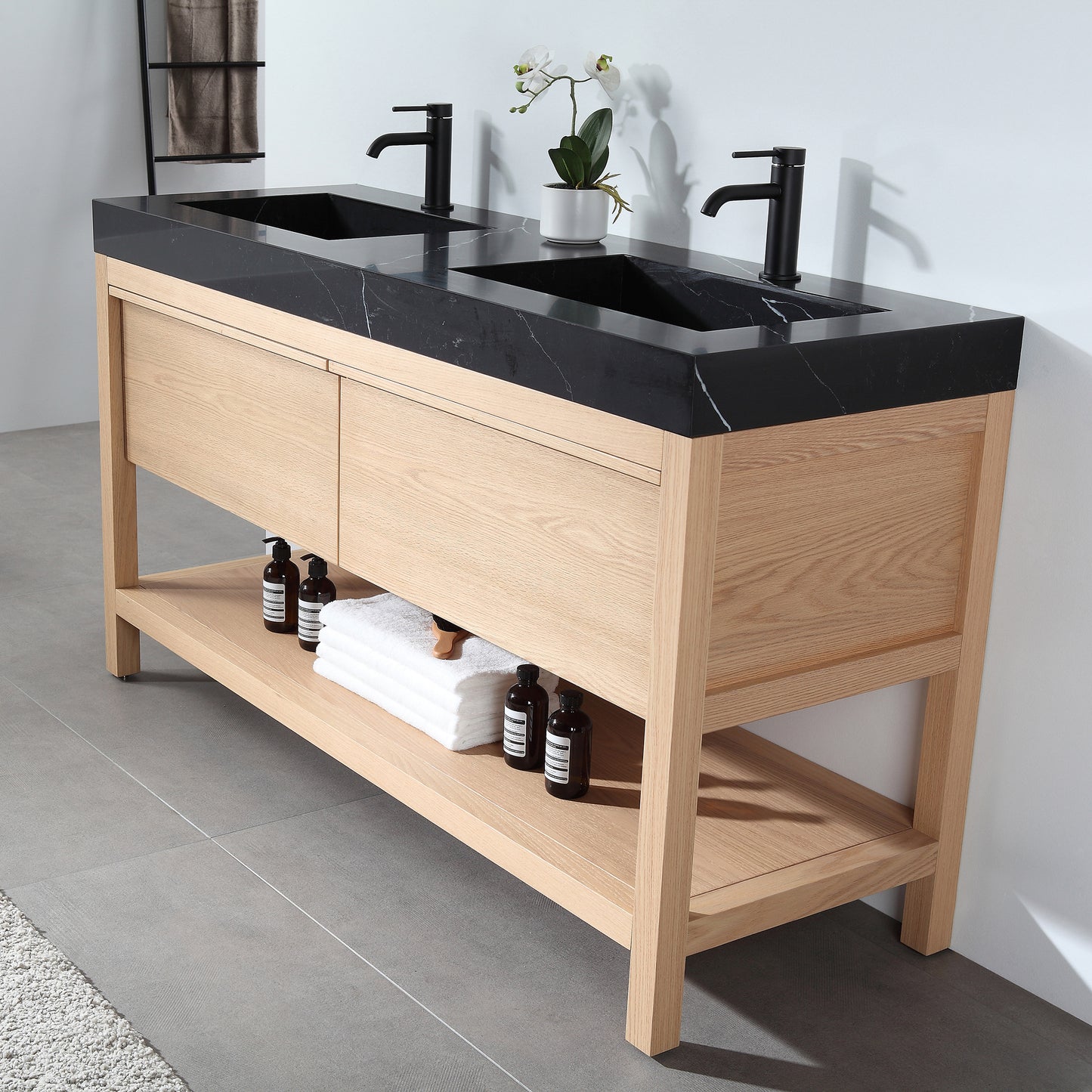 Bibury 60" Freestanding Bathroom Vanity with Black Marquina Quartz Integrated Sink Top