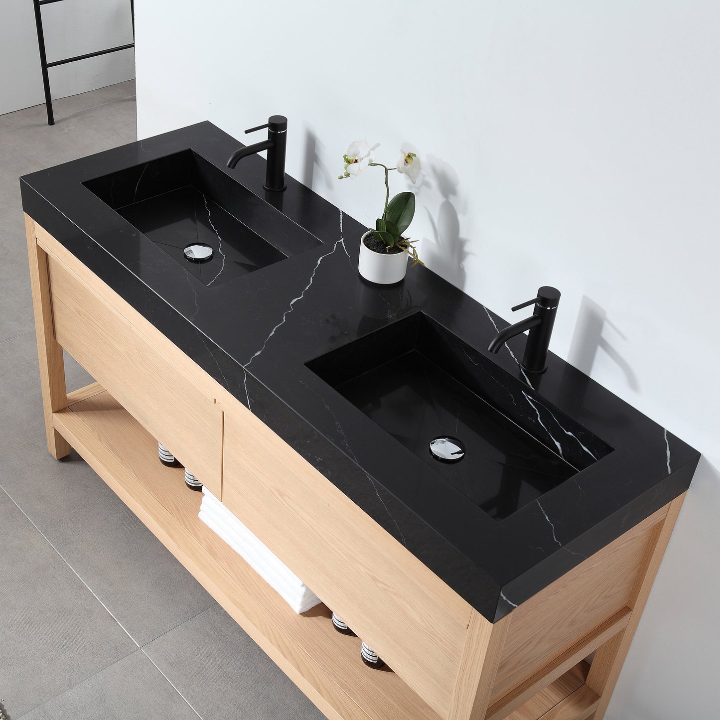 Bibury 60" Freestanding Bathroom Vanity with Black Marquina Quartz Integrated Sink Top