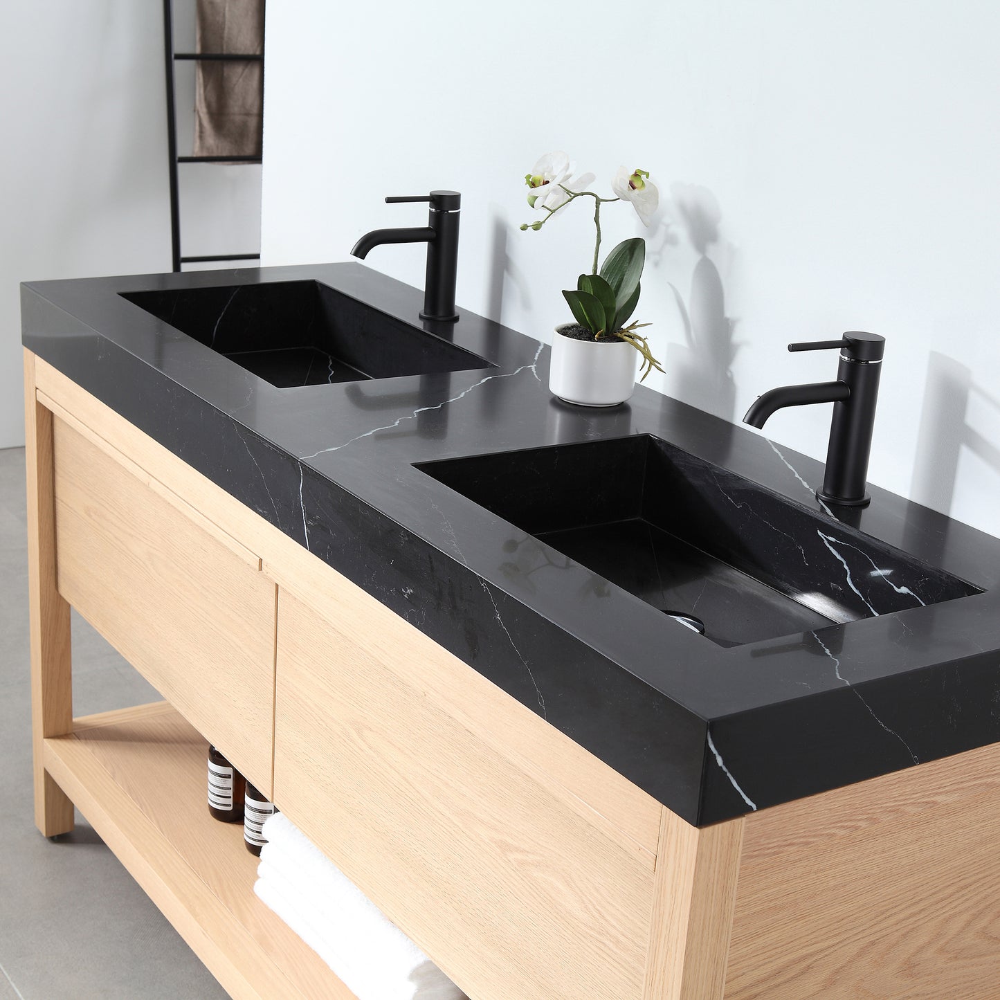 Bibury 60" Freestanding Bathroom Vanity with Black Marquina Quartz Integrated Sink Top