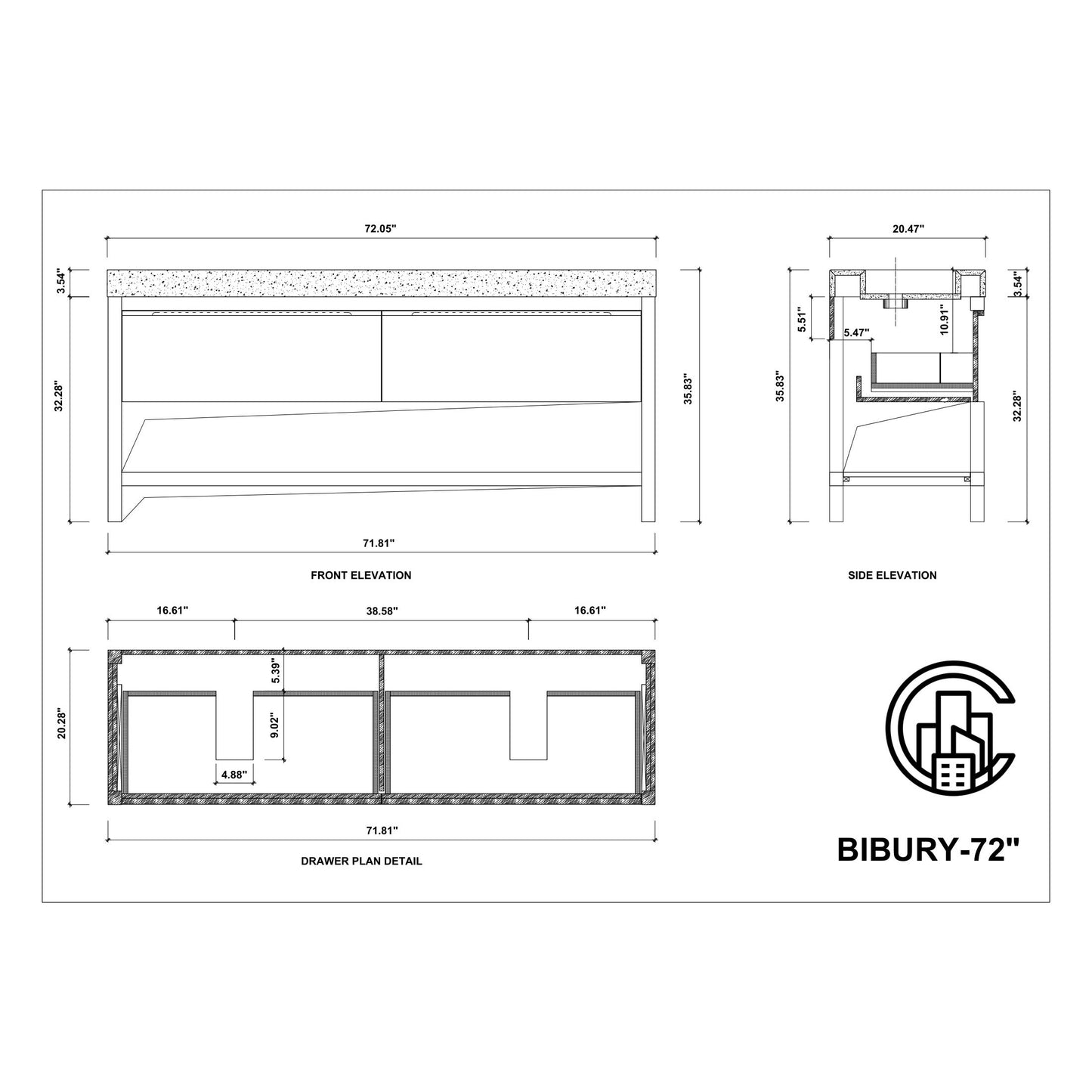 Bibury 72" Freestanding Bathroom Vanity with Black Marquina Quartz Integrated Sink Top